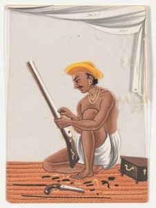 Miniatures on mica, [crouching man with firearms]