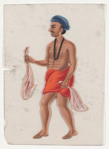 Miniatures on mica, [standing man holding fish]