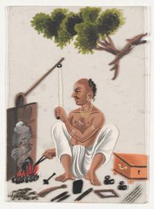 Miniatures on mica,  [seated man, metalworking]