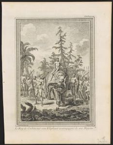 Le roy de Cochin sur son éléphant accompagné de ses Nayres.