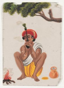 Miniatures on mica, [seated man with baskets]